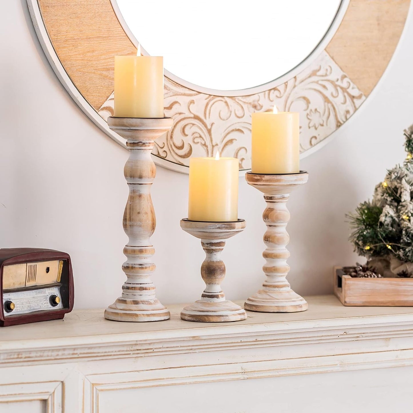 Wood Pillar Candle Holder: 3Pcs Rustic White Candle Holders for Pillar Candles Wood Candle Holders Distressed Wooden Farmhouse Candle Holder Large Rustic Candle Holder for Fireplace Table