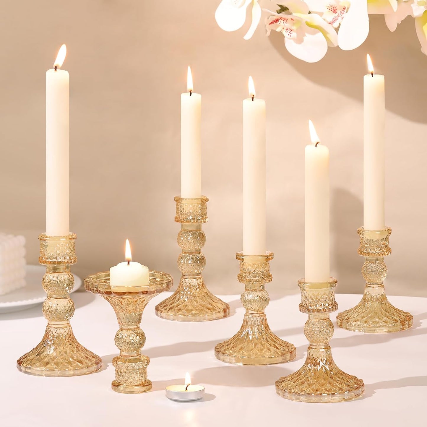 DARJEN 6Pcs Gold Candlestick Holders Set - 4" H & 5" H Striped Taper Candle Holders Bulk, Glass Candle Holders for Wedding, Festival, Party, Table Centerpiece, Gifts