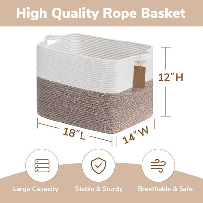 Goodpick Woven Storage Basket, Cotton Rope Basket for Dog Toys, Books, Stylish Gift Basket with Handles, 13 x 10 x 9 Inches Square Baskets for Organizing, Brown and White