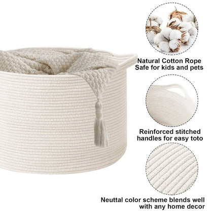 Large Woven Blanket Basket,65L Cotton Rope Laundry Basket Hamper with Handles, Decorative Nursery Basket Storage Bin for Toys, Clothes Organizer, Living Room, Bedroom, Bathroom, White & Brown