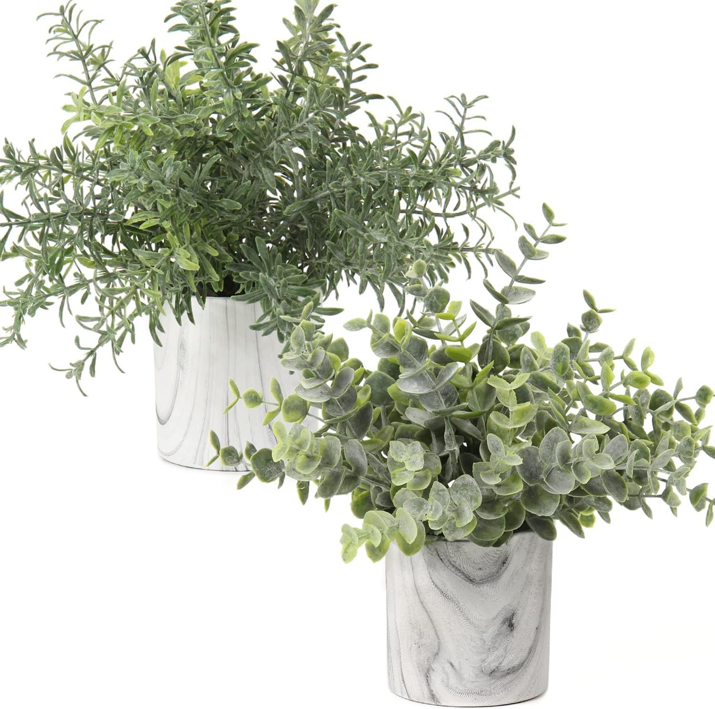 Hollyone Mini Artificial Potted Plants Fake Plants in Marble Pots, 1Pcs Plastic Eucalyptus Greenery Faux Plants for Home Office Desk Room Centerpiece Shelf Décor