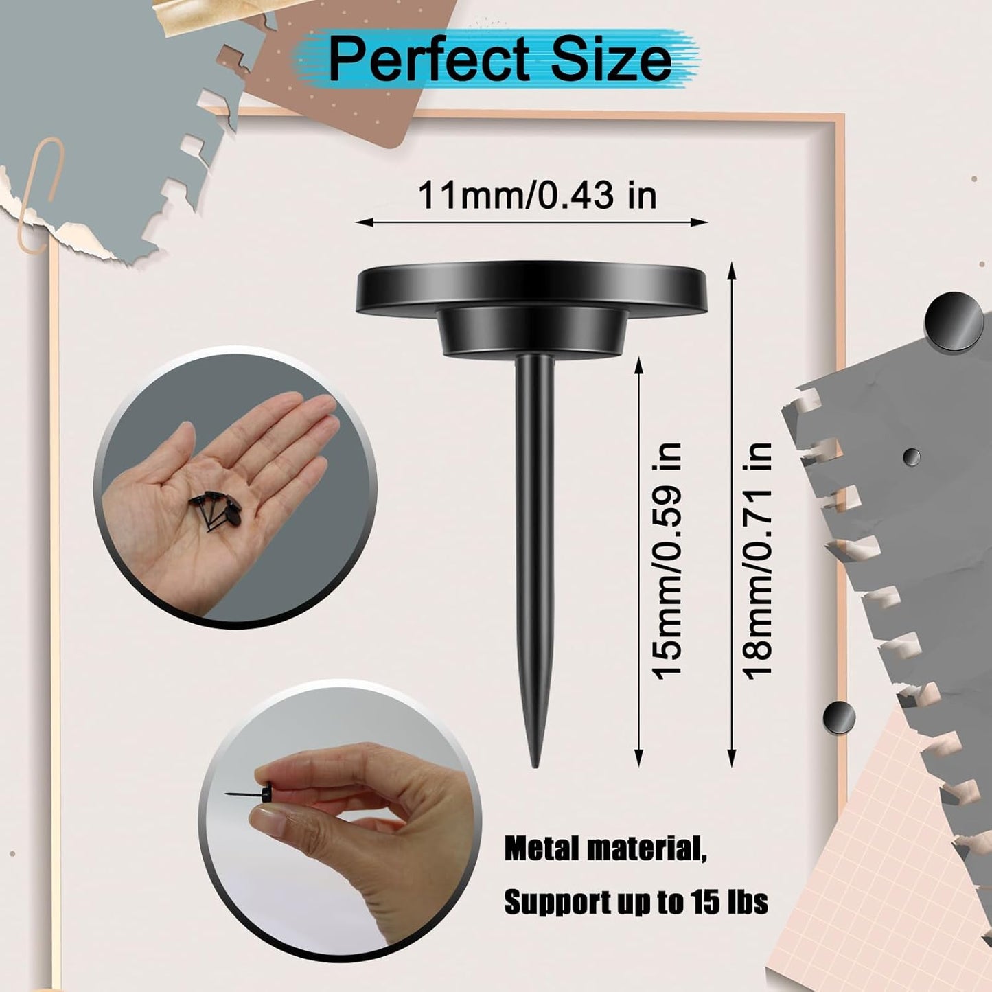 50 PCS Push Pins Picture Hangers Wall Hooks, Double Headed Thumb Tacks for Wall Hangings, Renter Friendly Decor Small Picture Frame Hangers for Drywall Cork Board Home Office Photo Decorations(Black)