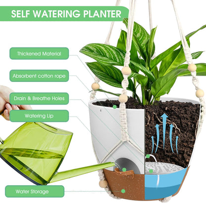 Vanslogreen Hanging Planters for Indoor Outdoor Plants, 2 Pack Self Watering Hanging Pot with Drainage Holes & Removable Tray (Black, 8'')