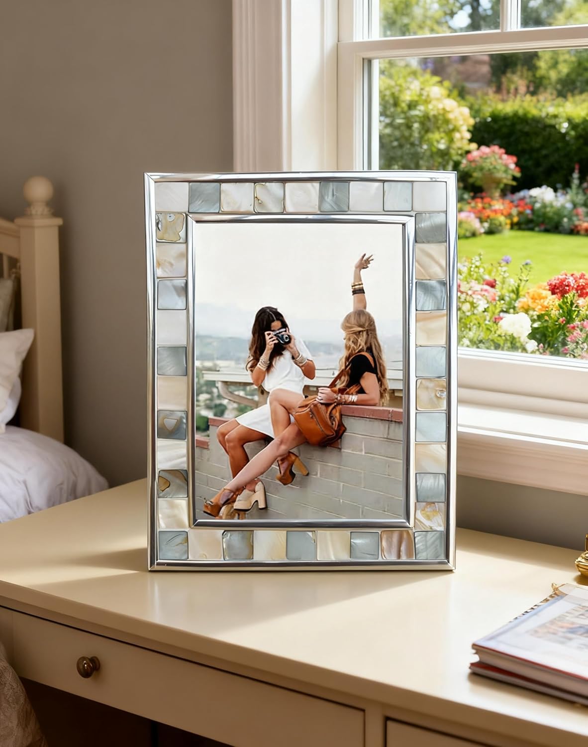 Silver Plate Picture Frame 5x7 Mother of Pearl 5 by 7 Photo Frame Mosaic Glass Tabletop Frame (Grey+ White,1pc)