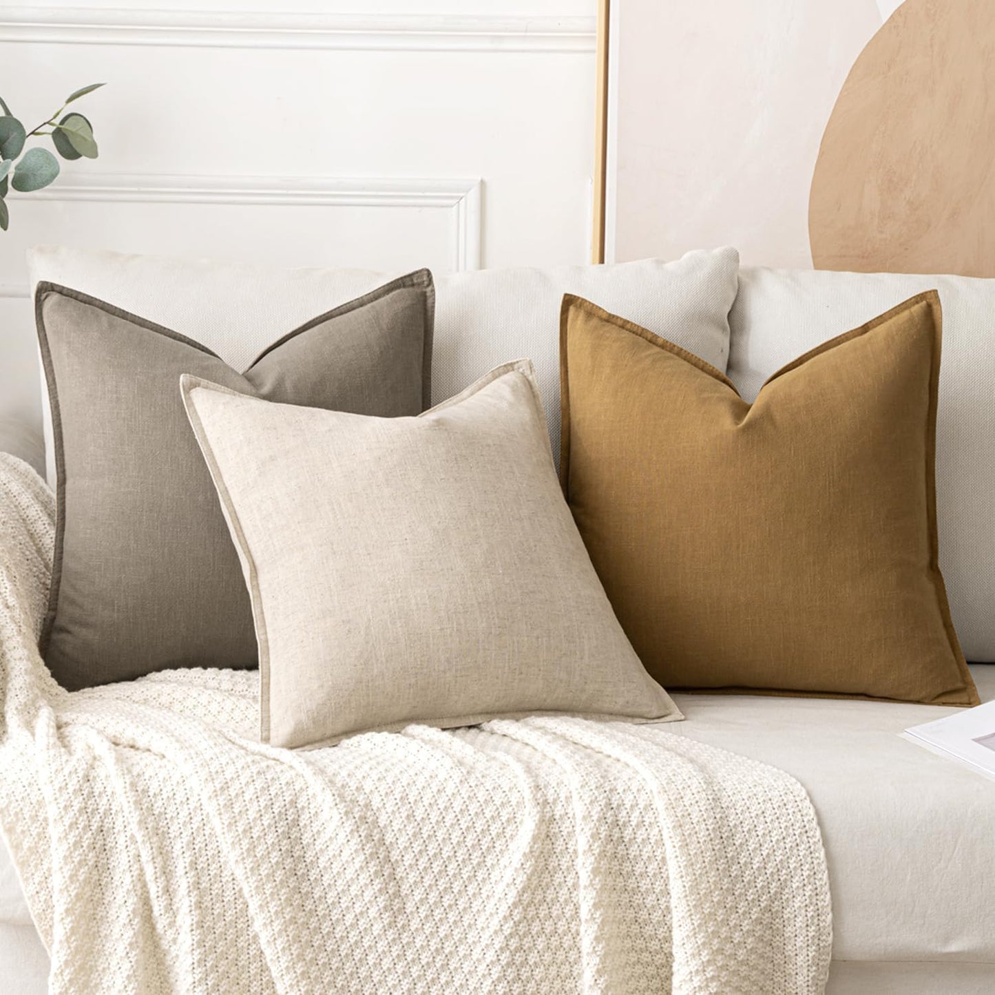 MIULEE Decorative Linen Euro Sham Pillow Covers 26x26 Cream White Boho Farmhouse Neutral Couch Throw Pillows for Bed Pack of 2 Accent Modern Pillowcase Sofa Livingroom Home Decor