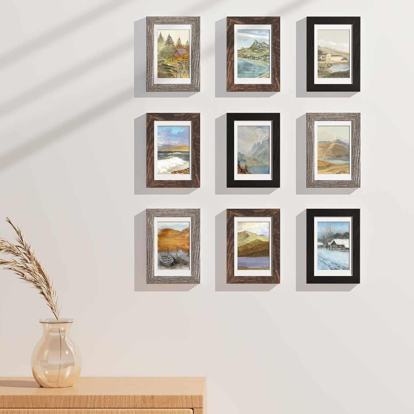 Vittanly 8x10 Picture Frames Set of 9, Shatter Resistant Plexiglass, Display 5x7 Pictures with Mat or 8x10 without Mat, Photo Frames for Wall or Tabletop, Engineered Wood, Black - Colors B