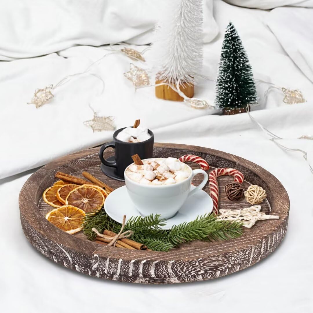 Round Decorative Tray for Coffee Dining Table Countertop Small Wooden Serving Trays Farmhouse Kitchen Home Living Room Decor and Bathroom Accessories Tray Black Rustic Wood Candle Centerpiece Trays