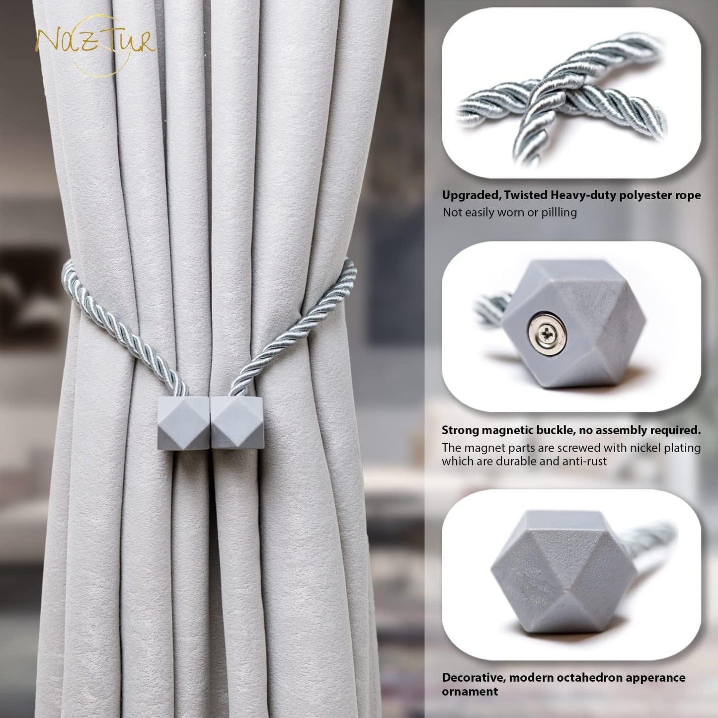 NazTur Magnetic Curtain Tiebacks- Upgrade 2022 with a Thicker Twist Rope & Strong Magnet Tieback Window Treatment Holdbacks Draperies Holders Decorative Drape Handmade Tie Back (Black, 2)