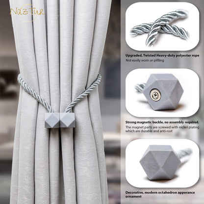 NazTur Magnetic Curtain Tiebacks- Upgrade 2022 with a Thicker Twist Rope & Strong Magnet Tieback Window Treatment Holdbacks Draperies Holders Decorative Drape Handmade Tie Back (Black, 2)