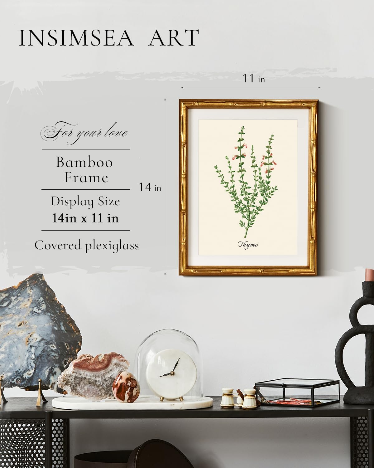 InSimSea Gold Bamboo Framed Canvas Wall Art, Retro Blue Hydrangea Botanical Prints, Antique Flowers Picture Frame with Mat, Victorian Home Wall Decor for Kitchen Living Room Bedroom, 11x14inch