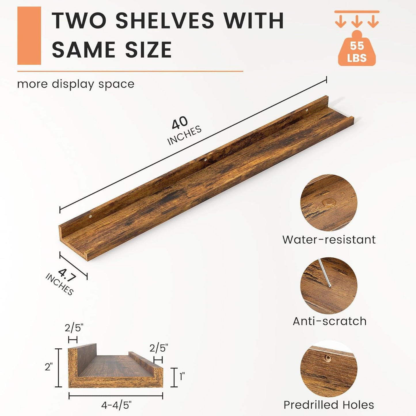 FLYJOE Picture Ledge Shelf, Floating Shelves Set of 2, 48 Inches Long Large Nursery Book Shelves for Toys Storage, Kids Bookshelf Wall Mounted for Living Room Bedroom Decor Books Photo Frames, Walnut