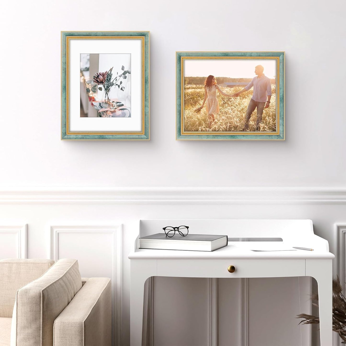 Golden State Art,11x14 Ornate Picture Frame for 8x10 Photo with Mat or 11 x 14 Prints without Mat,Real Glass Wall Display(Color:Green Gold)