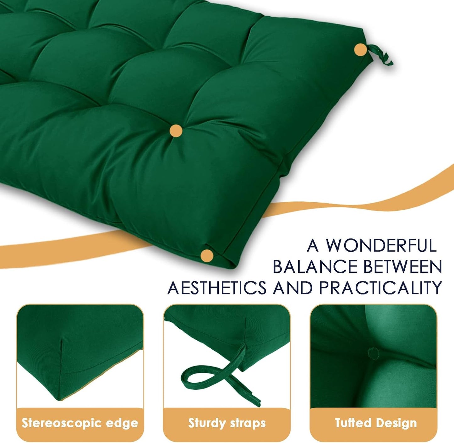 MTMR Outdoor Bench Cushion-44X19 Water-Repellent Tufted Porch Swing Cushions with High Elasticity PP Cotton and Ties Fade-Resistant Patio Outdoor Chair Cushion for Bench Furniture, Indoor Seat Cushion