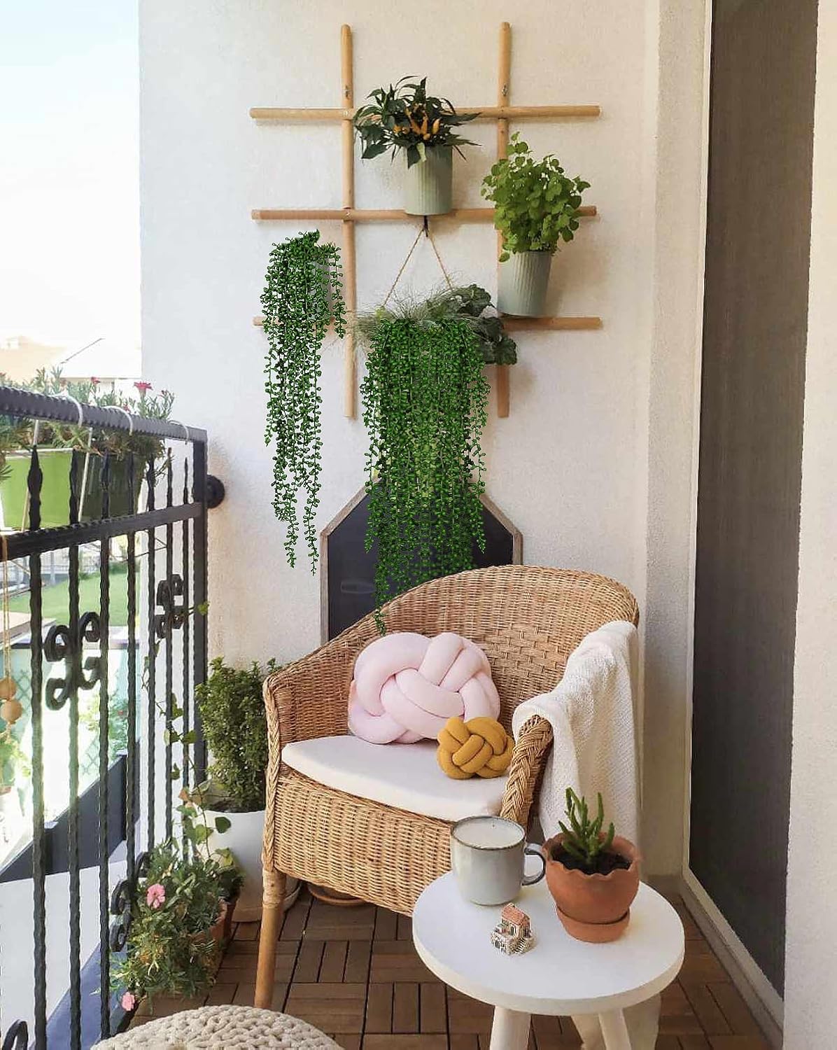 RECUTMS 6pcs Artificial Succulents Hanging Plants Fake Hanging String of Pearls Plant Faux Greenery Wall Plants for Spring Indoor Outdoor Home Bedroom Patio Garden Easter Decor