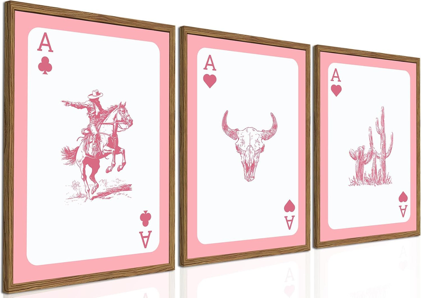 Western Wall Art Set of 3, Southwestern Cowboy Playing Card Wall Decor, Longhorn Bull Skull and How Lucky are We Poster Canvas Painting Prints for Bedroom Living Room 12x16 inch Wood Framed