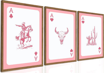 Western Wall Art Set of 3, Southwestern Cowboy Playing Card Wall Decor, Longhorn Bull Skull and How Lucky are We Poster Canvas Painting Prints for Bedroom Living Room 12x16 inch Wood Framed