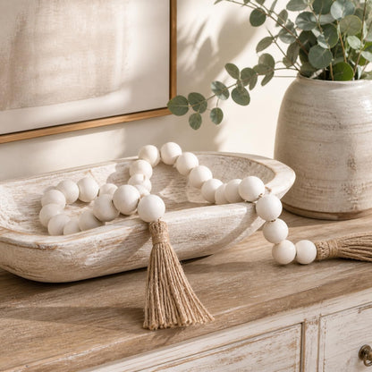 OMISHE Extra Large Wood Bead Garland with 1.6" Diameter Wooden Beads and Tassels, 41" Long Rustic Farmhouse Country Decorative Beads for Home Tiered Tray Decor, Natural Beige