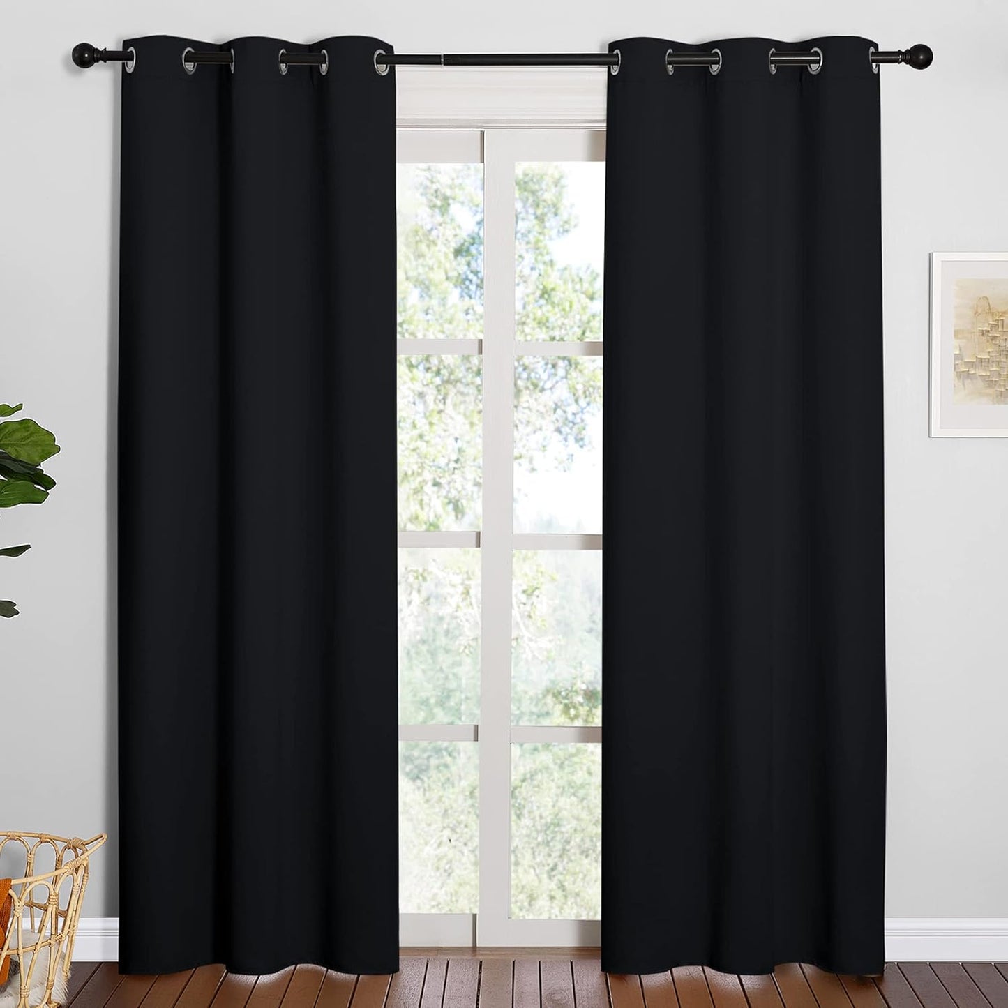 NICETOWN Halloween Pitch Black Solid Thermal Insulated Grommet Blackout Curtains/Drapes for Bedroom Window (2 Panels, 42 inches Wide by 63 inches Long, Black) - Colors E