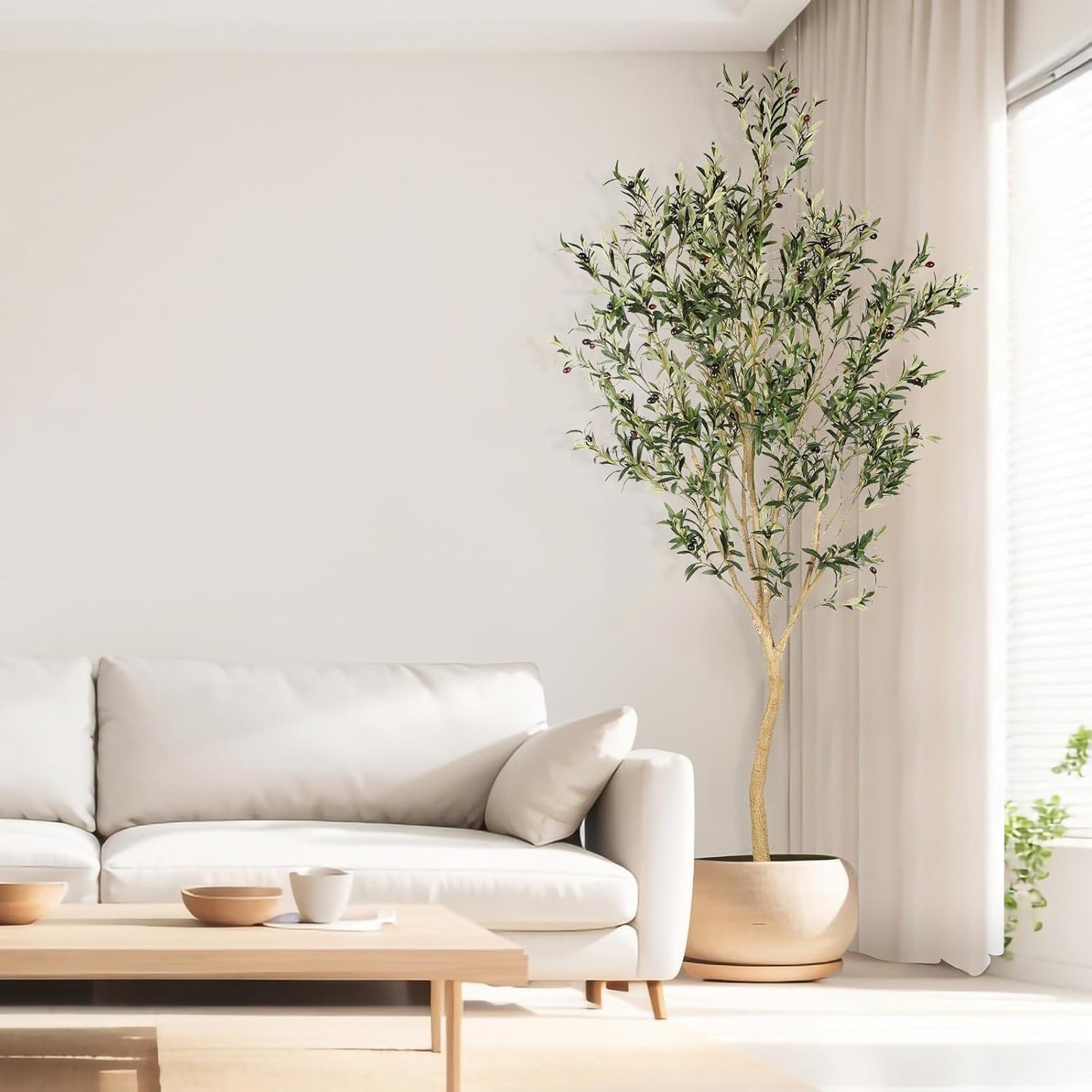 Realead Faux Olive Tree 7ft - Realistic Tall Olive Trees Artificial Indoor - Large Fake Olive Tree with Natural Wood Trunk and Lifelike Leaves - Artificial Olive Tree for Home Office Decor