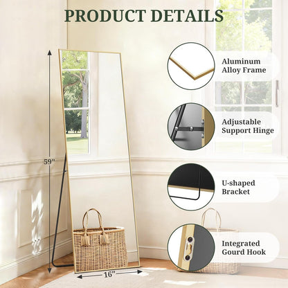 Mirror Full Length 64"x21" Full Body Floor Mirror with Stand, Shatterproof Glass, Aluminum Alloy Frame, Free Standing Wall Mounted or Leaning Arched Mirrors for Bedroom Living Room Entryway