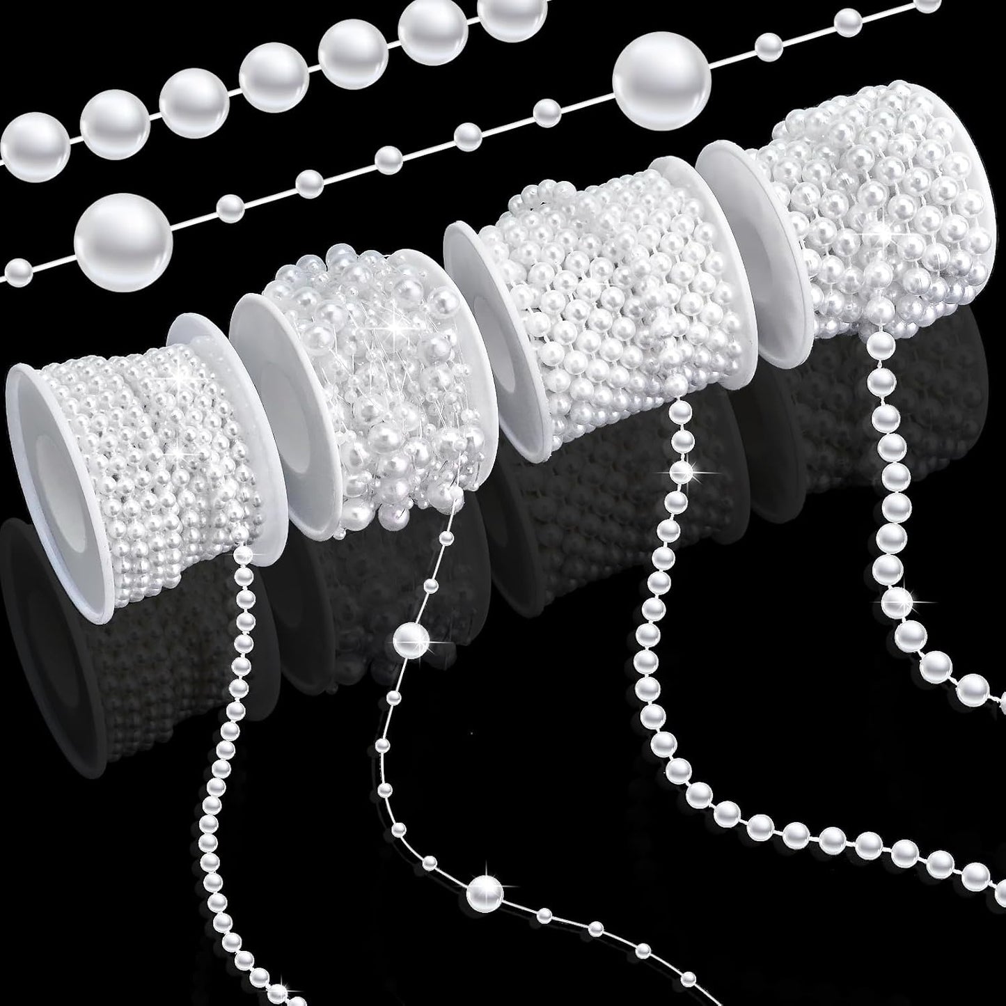 4 Rolls 76 Feet Pearls String Garland, Faux Pearl Beads Roll Strand for Crafts, Artificial Pearls Chain Trim for Wedding Party Flower Valentine Christmas Decoration, 4mm 6mm 8mm 8+3mm, Ivory