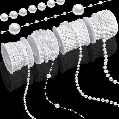 4 Rolls 76 Feet Pearls String Garland, Faux Pearl Beads Roll Strand for Crafts, Artificial Pearls Chain Trim for Wedding Party Flower Valentine Christmas Decoration, 4mm 6mm 8mm 8+3mm, Ivory