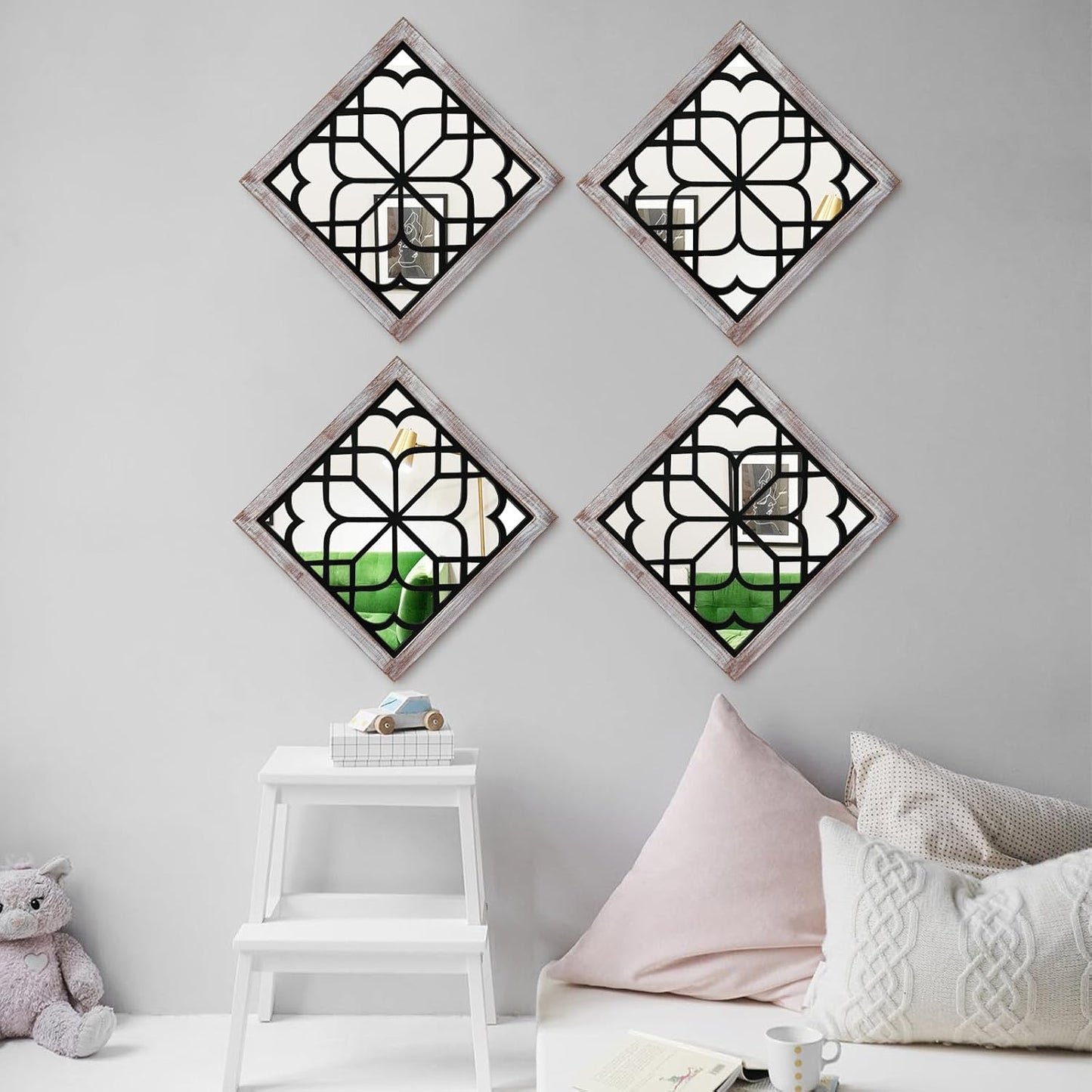 ZEXUIRU 4 Set. Rustic Wall Mirrors for Bedroom Bathroom Living Room Entryway Wood Farmhouse Square Easy to Hang Framed Decorative Accent Hanging Wall-Mounted Mirror Set for Living Room - Black