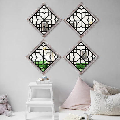 ZEXUIRU 4 Set. Rustic Wall Mirrors for Bedroom Bathroom Living Room Entryway Wood Farmhouse Square Easy to Hang Framed Decorative Accent Hanging Wall-Mounted Mirror Set for Living Room - Black