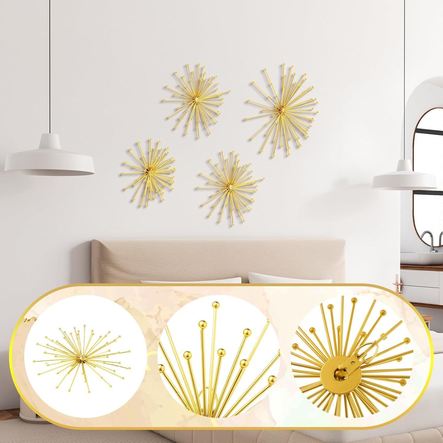 Shimeyao 4 Pcs Metal Starburst Wall Decor Black Metal Wall Art 3D Spike Bling Finish Star Burst Hangings Accents Sculptures Set Modern Mid Century Decorations for Living Room Bedroom Entryway