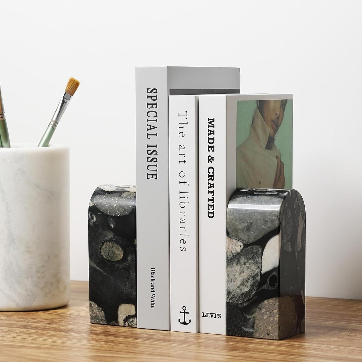 Koville African Natural Marble Bookends for Shelves, Non-Slip Book Ends, 13LBS Ultra Heavy Duty Marble Book Holder Organizer, Apartment Decor for Movies/CD/Video Games(Namib Fantasy)