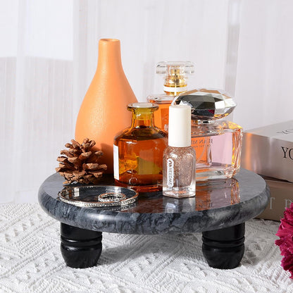 Decorative Round Marble Riser for Display,Marble Pedestal Tray for Home,Kitchen and Bathroom Countertop Organizer Counter Decor Tray.The Decorative Tray Non-slip,Stable（Black Gray）