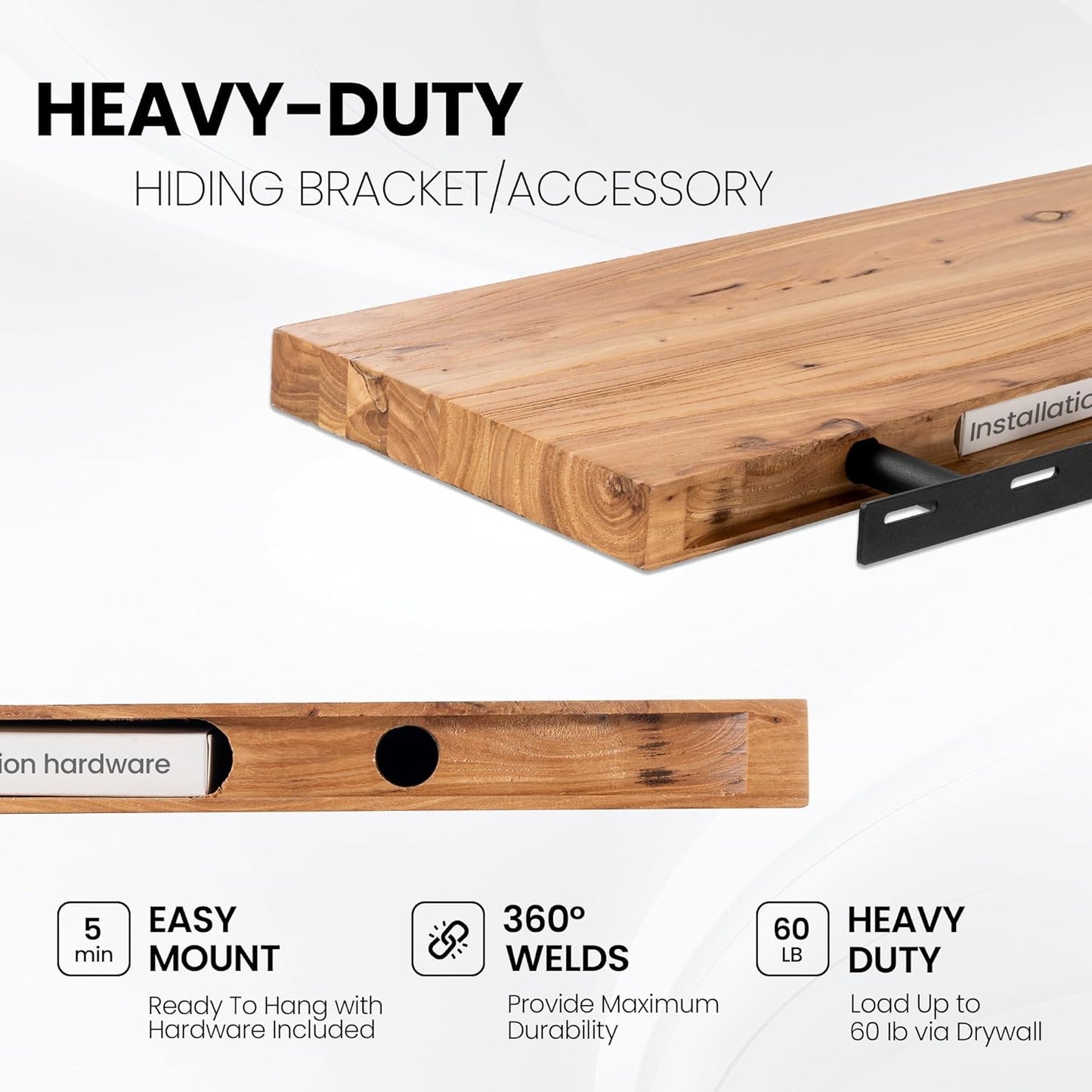 Floating Shelves 36 Inches Long - 8 Inch Deep Rustic Premium Solid Pine Wood for Storage - Farmhouse Wall Mounted for Living Room - Heavy-Duty Metal Bracket - 36" W x 8" D - Set of 2 - White Color