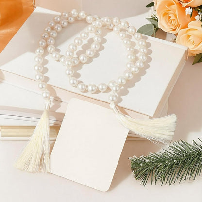 Quelay 58 Inch Pearl Glass Bead Garland 16mm with Tassels Elegant Boho Wedding Table Decor Healing Bead Prayer Fringe Wall Shelf Hanging for Wedding Party Farmhouse Rustic Home Decoration(Beige)