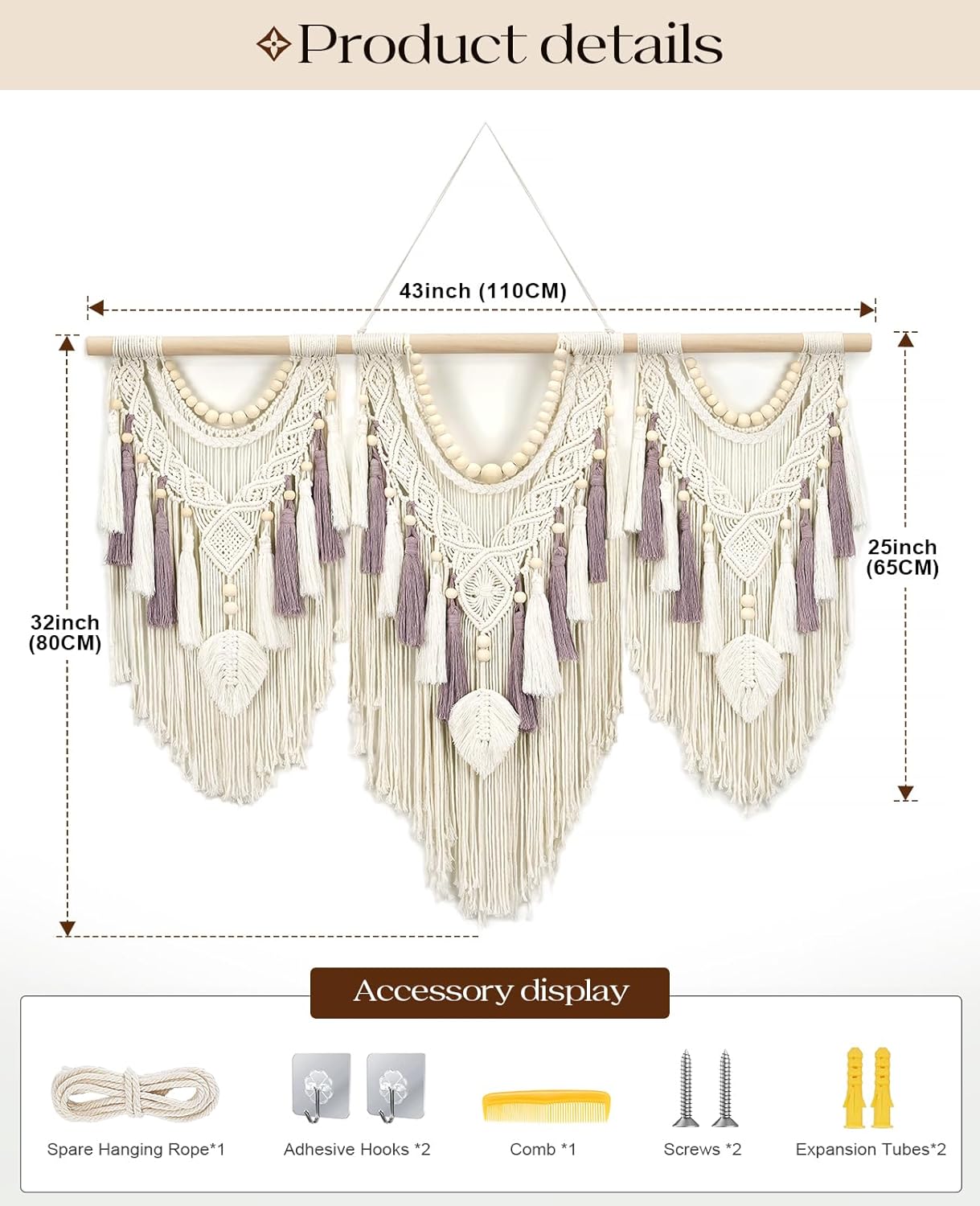 Tempospark Large Macrame Wall Hanging, 43" Wx32 L Boho Wall Hangings for Living Room Bedroom Nursery, Boho Chic Large Macrame Tapestry for Bedroom Wall Decor (Tassel)