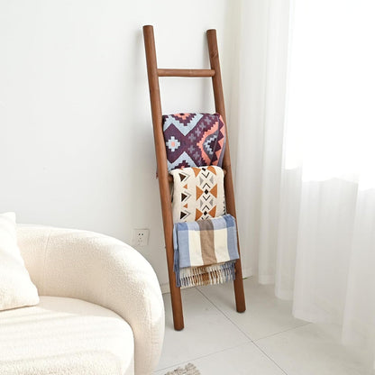 FUIN 57in Wood Blanket Ladder Living Room Decorative Wall Leaning Farmhouse Quilt Display Holder Rustic Wooden Towel Rack for Bathroom, Brown