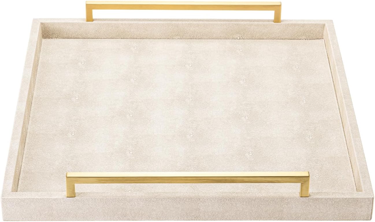 XIGEXIGE Ivory Shagreen Decorative Tray Large Rectangle Coffee Table Tray for Ottoman Faux Leather Serving Tray with Brushed Gold Handles
