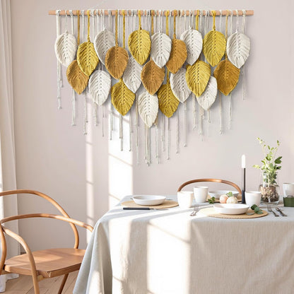 KHOYIME Large Macrame Wall Hanging Boho Woven Tapestry, Chic Home Decor Modern Bohemian Handmade Leaf Feather Wall Art Decorations for Apartment Dorm Living Room Bedroom Nursery Backdrop 39"W X 29.5"L