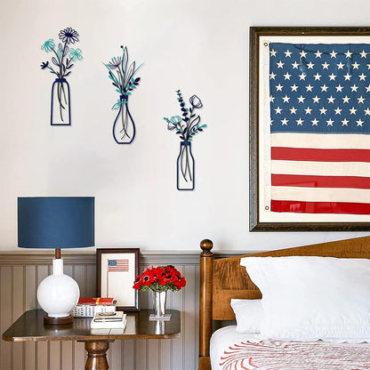 Pigort 3 Pieces Metal Flowers Wall Art- Rustic Farmhouse Decor Minimalist Decor for Living Room Bathroom Bedroom Dining Room, Housewarming Gifts Christmas Decoration(Beige, Vase-C)