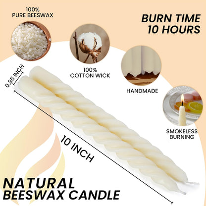 2PCS 7-Inch Pure Beeswax Spiral Taper Candles, Twisted Stick Candles, Dripless & Unscented for Weddings, Christmas, Dinner, Meditation - White
