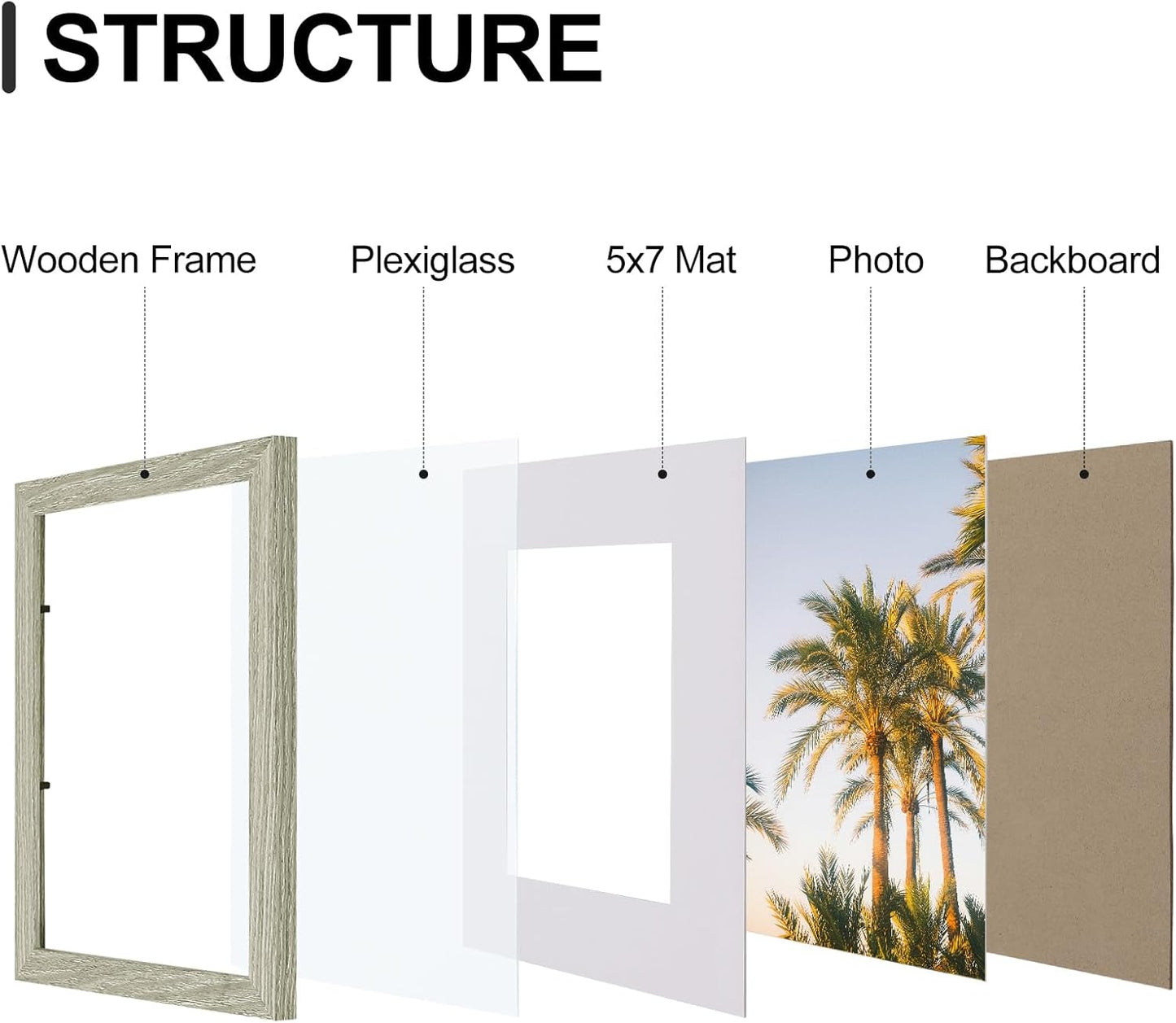 Vittanly 8x10 Picture Frames Set of 9, Shatter Resistant Plexiglass, Display 5x7 Pictures with Mat or 8x10 without Mat, Photo Frames for Wall or Tabletop, Engineered Wood, Black - Colors B
