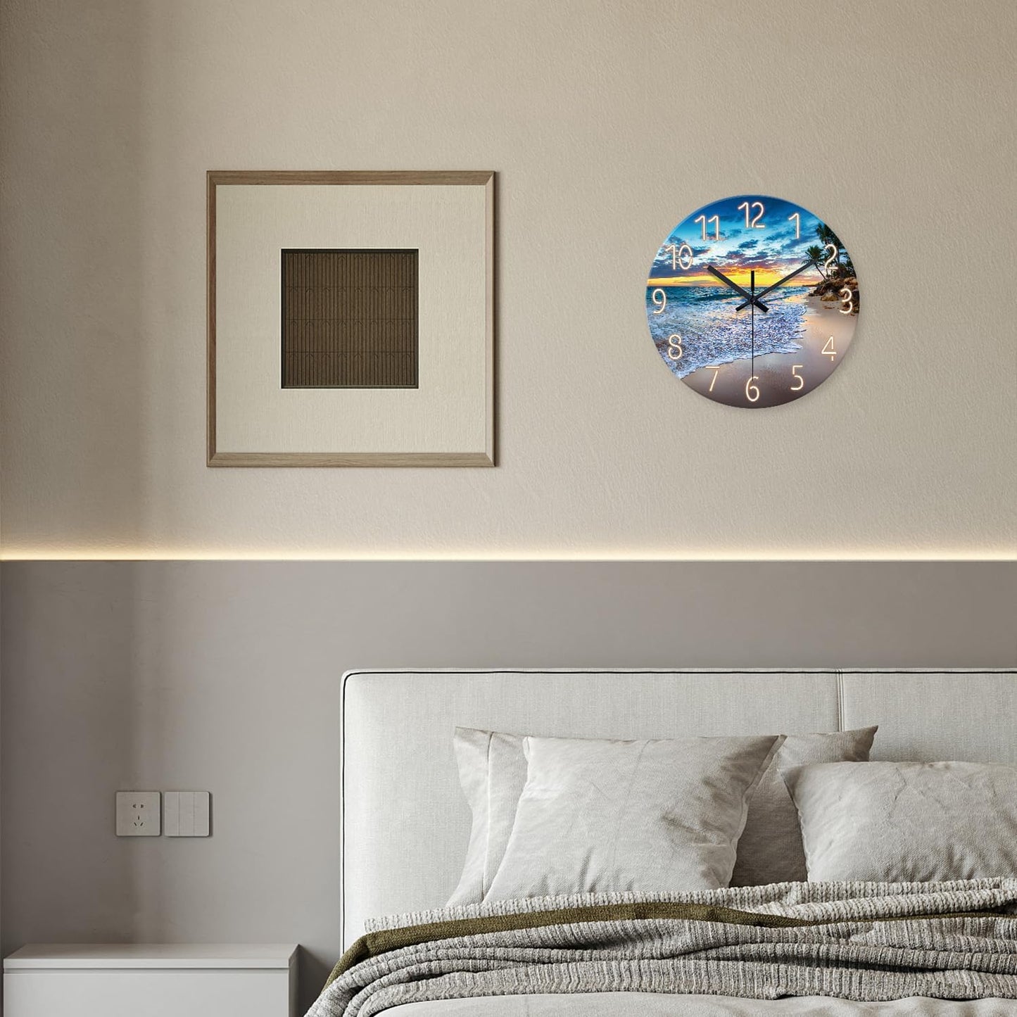 Beach Wall Clock Battery Operated 12 Inch Glass Wall Clock Non Ticking Analog Blue Wall Clocks for Bedroom Living Room Office Decor
