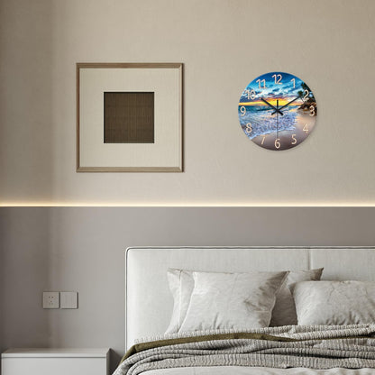Beach Wall Clock Battery Operated 12 Inch Glass Wall Clock Non Ticking Analog Blue Wall Clocks for Bedroom Living Room Office Decor
