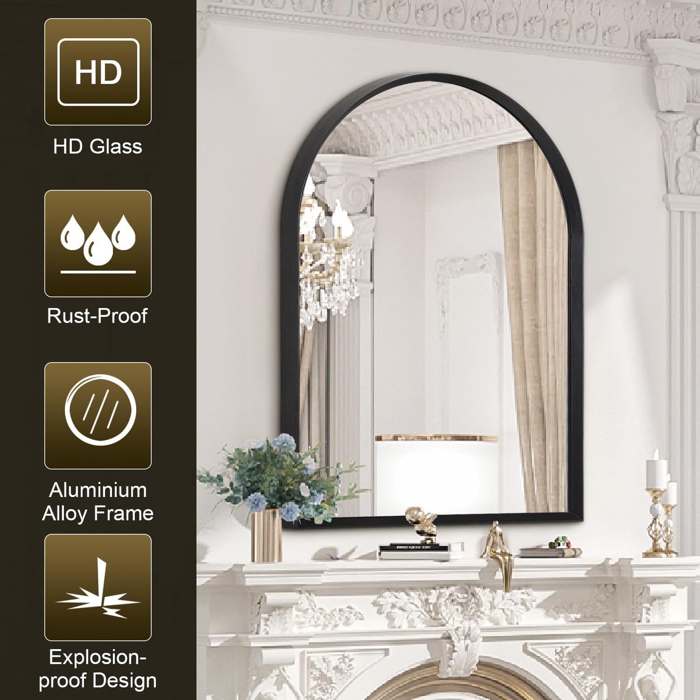 Black Arched Mirror, Modern Bathroom Wall Mirror Aluminum Alloy Framed Mirror Brushed Metal Vanity Wall Mounted Mirror for Livingroom Bedroom Entryway Room 16"x12"