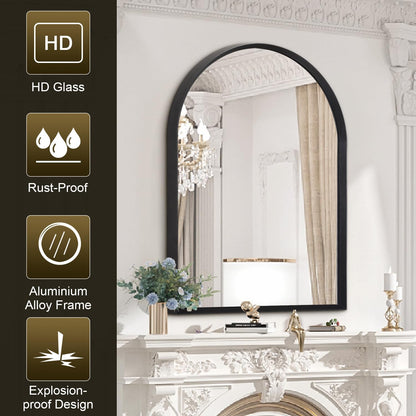 Black Arched Mirror, Modern Bathroom Wall Mirror Aluminum Alloy Framed Mirror Brushed Metal Vanity Wall Mounted Mirror for Livingroom Bedroom Entryway Room 16"x12"