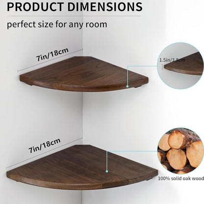 Corner Shelves, Floating Corner Shelf, Set of 2 7inch Solid Oak Wood Wall Shelves, Round End Wall Mount with Wire Hole Shelving for Small Plant for Bedroom Kitchen, Living Room