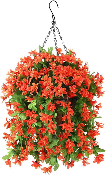 INQCMY Artificial Fake Hanging Plants Flowers Basket for Spring Summer Outdoor Outside Porch Decoration,UV Resistant Faux Silk Violet in Planter for Home Patio Balcony Garden Yard Decor(Red)