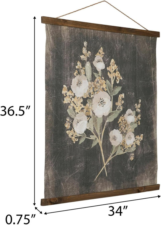 Hobby Lobby Vintage Floral Tapestry Wall Decor, Canvas & MDF, Rectangle, Vertical, Includes Hanging Rope, Distressed Black Background, Wooden Frame, Muted Tones