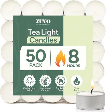 Zuvo Tea Lights Candles 8 Hour Burn (50 Pack) - Unscented White Tealight Candles, Long Burning Smokeless Tea Lights for Weddings, Home, Shabbat, Emergency - European Made, Lead-Free Cotton Wick