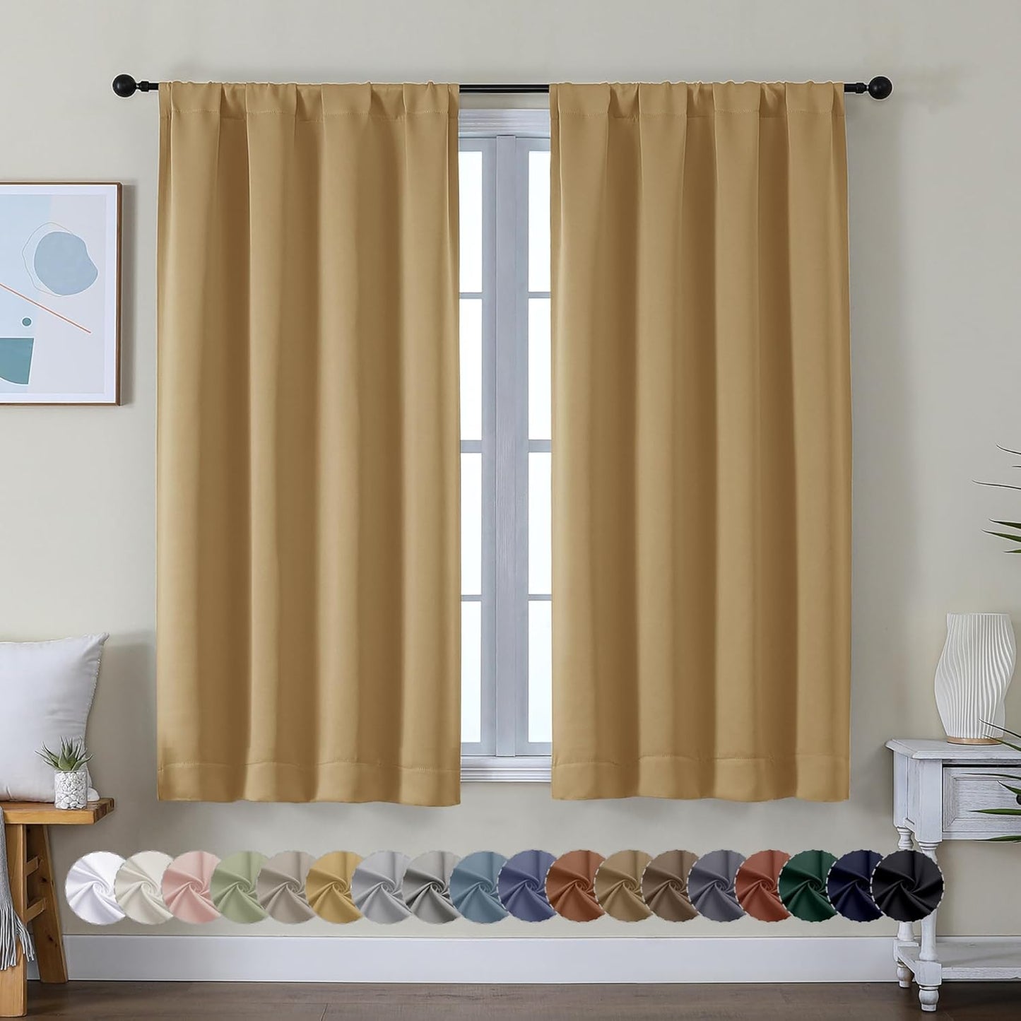 Simplebrand Ava Sage Green Blackout Curtains for Bedroom 63 Inch Length 2 Panels Set, Solid Thermal Insulated Energy Saving Rod Pocket Window Treatment Curtains Blackout Drapes, W40 x L63 Inch, Sage - Colors A