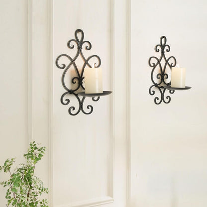 Metal Wall Candle Sconce Holder Set of 2 Hanging Wall Mounted Candle Sconces Holder, Wall Sconces Decor for Bedroom Dining Room, Black 10inch×6inch